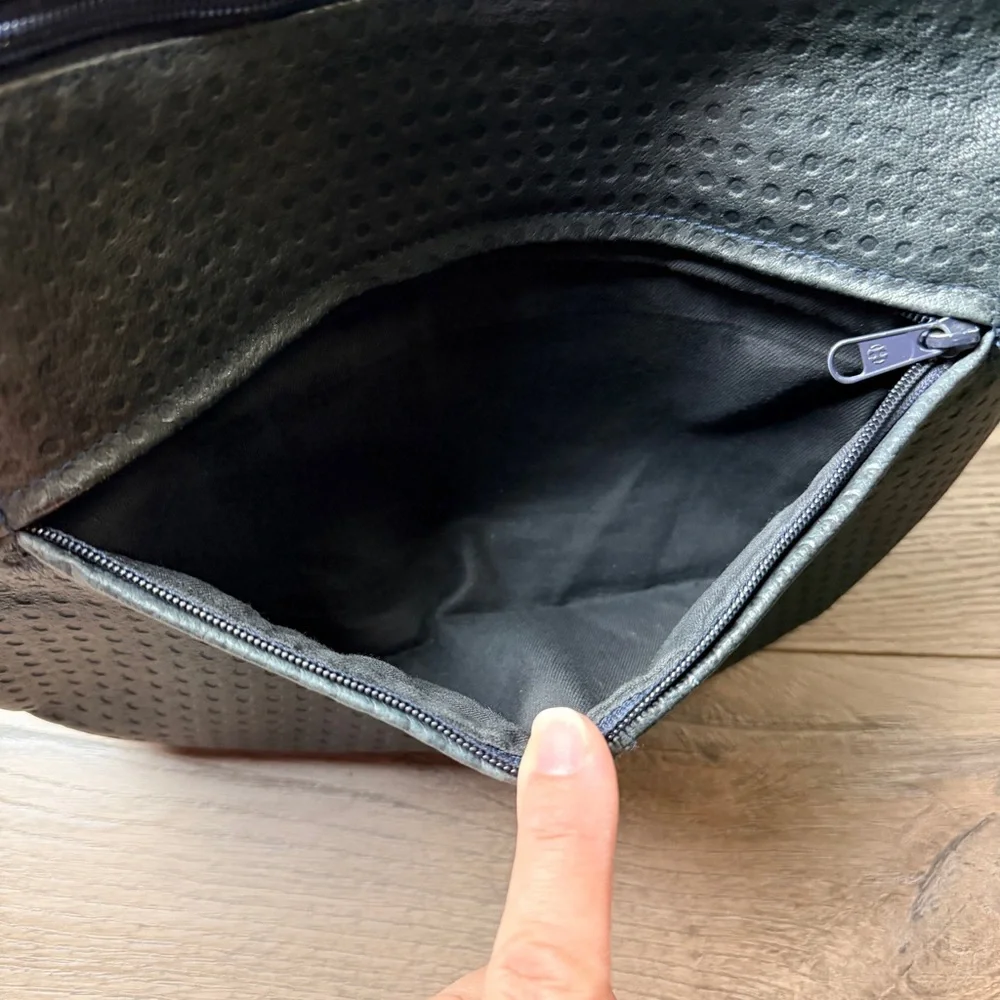 toni Vintage Black Leather Shoulder Bag Textured Panels Double Zippered Pockets